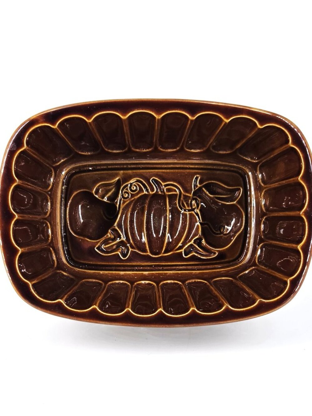 Vintage Stoneware Autumn Harvest Pumpkin, Apples, Pears Gloss Brown Bread Mold